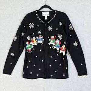 QUACKER FACTORY Ugly Christmas Snowman Applique Crochet Beaded Cardigan Sweater